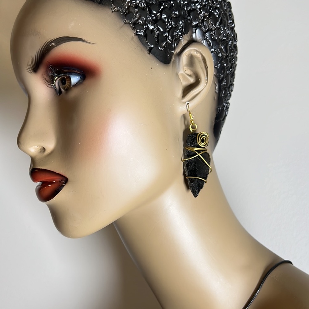 #2 black obsidian handmade arrowhead dangle earrings w gold colored French wires